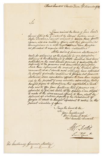 (SLAVERY.) Alexander Leslie. Letter offering the return of Georgia's enslaved people to their owners by the evacuating British army.             